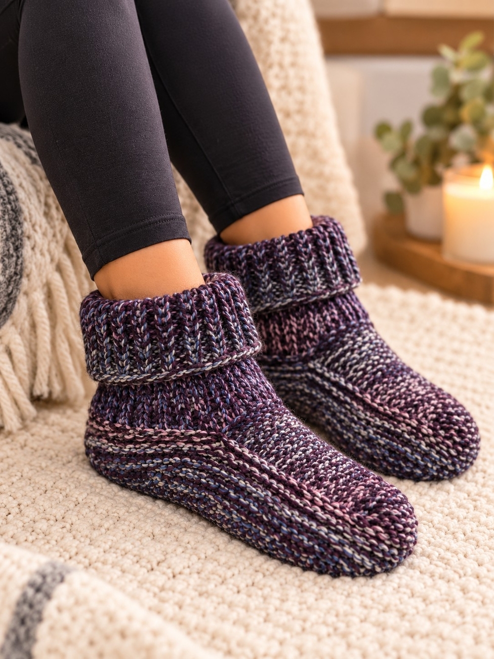 Handmade Knitted Bootie Slippers / Pantoufles – Women’s 9–12 / Men’s 10–12